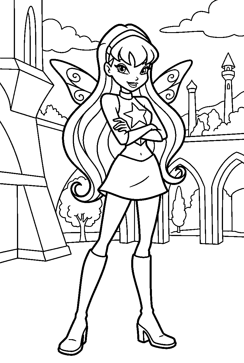 winx club stella in alfea training grounds line art
