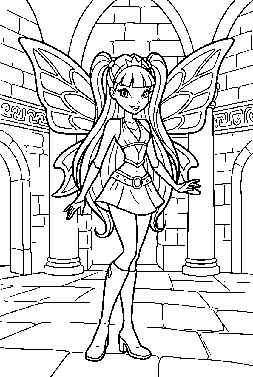 winx club stella in ancient temple line art