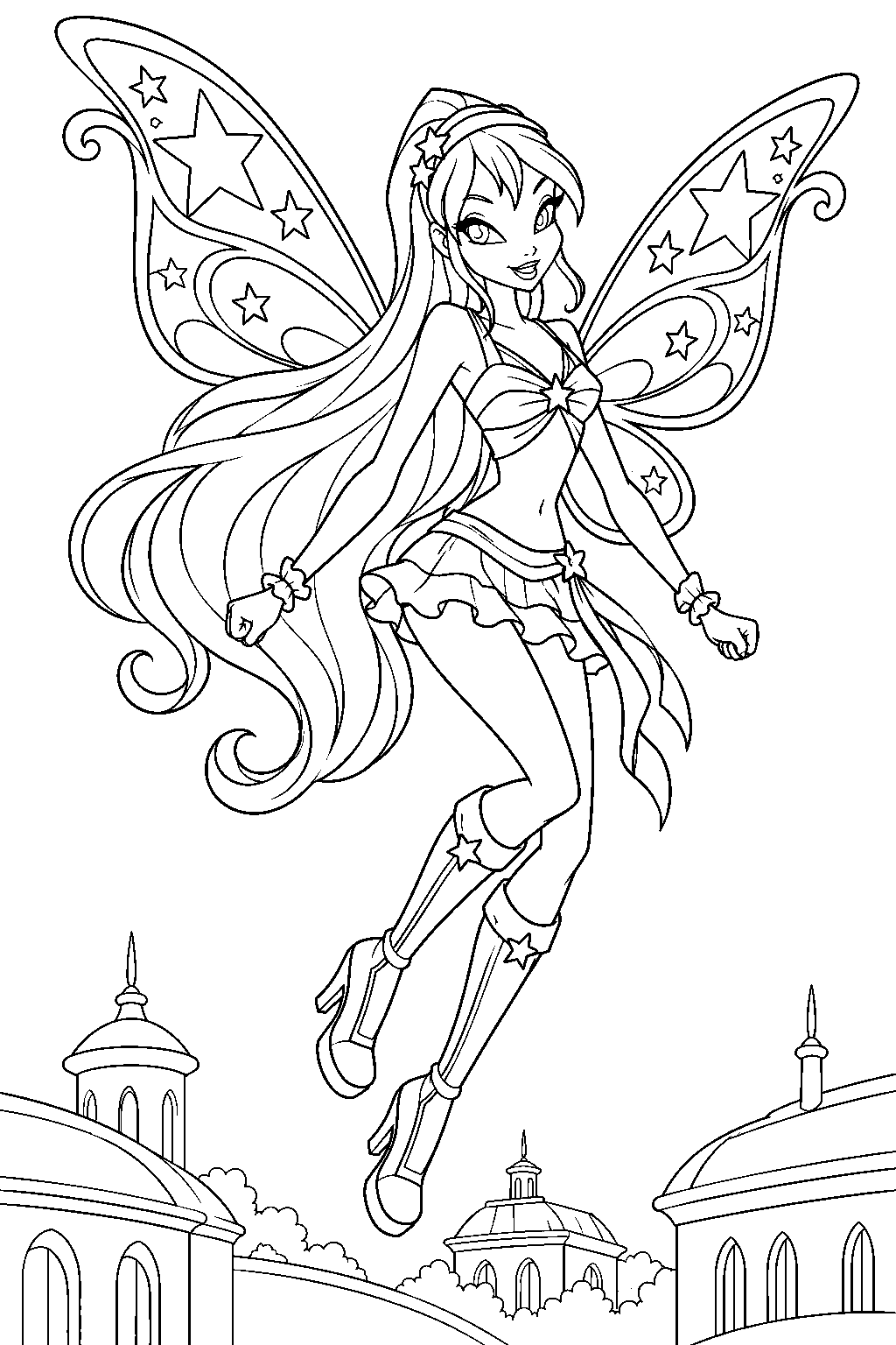 winx club stella in believix form flying above the rooftops of gardenia line art