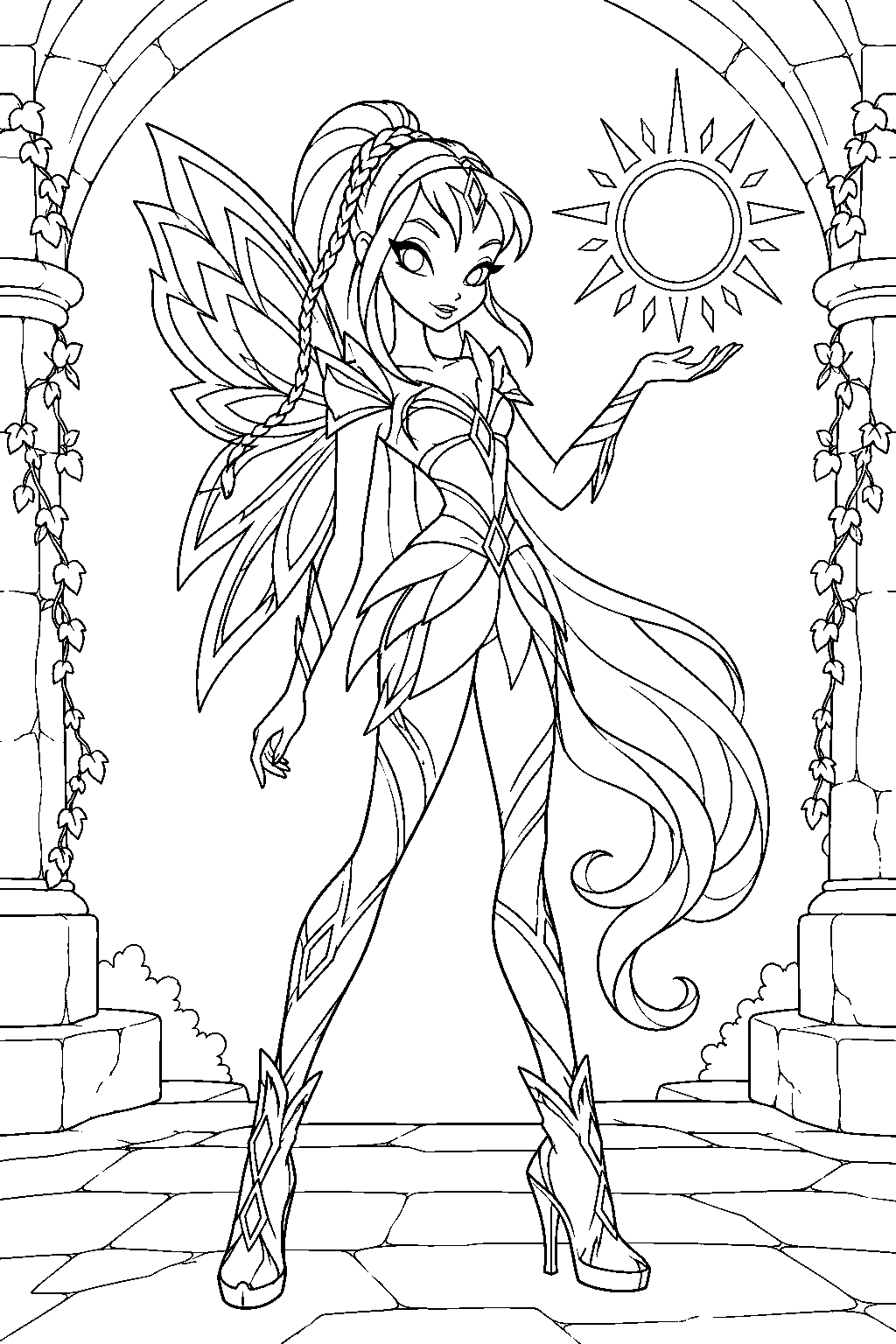 winx club stella in bloomix form casting solar halo beneath a stone arch line art