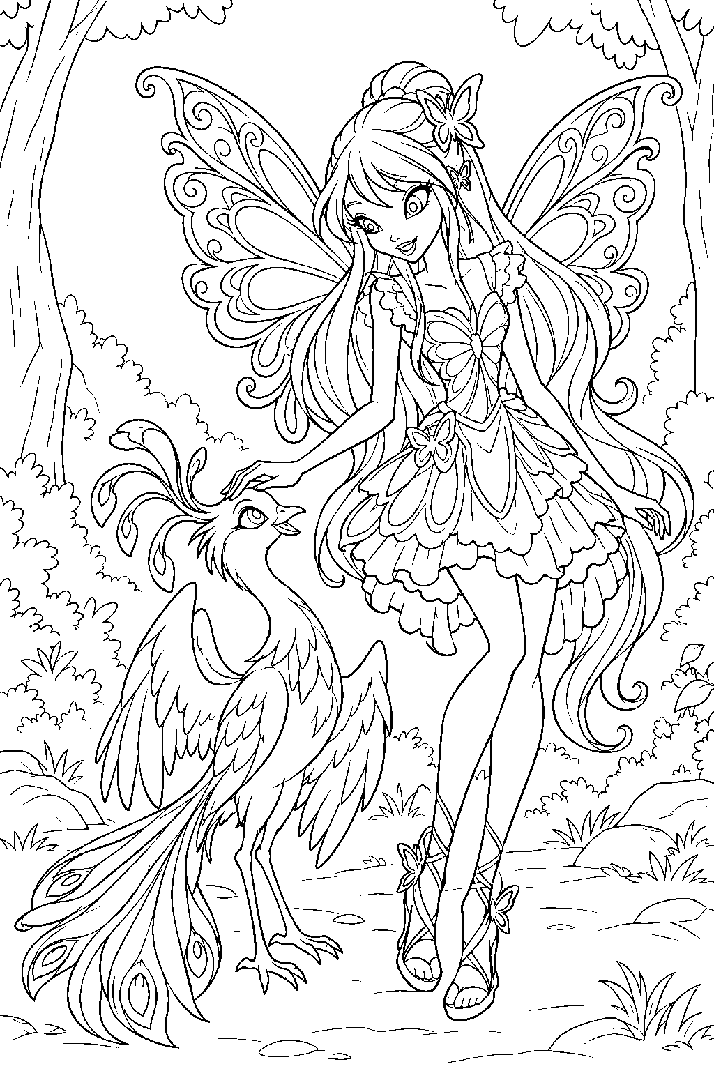 winx club stella in butterflix form greeting shiny in an enchanted forest line art