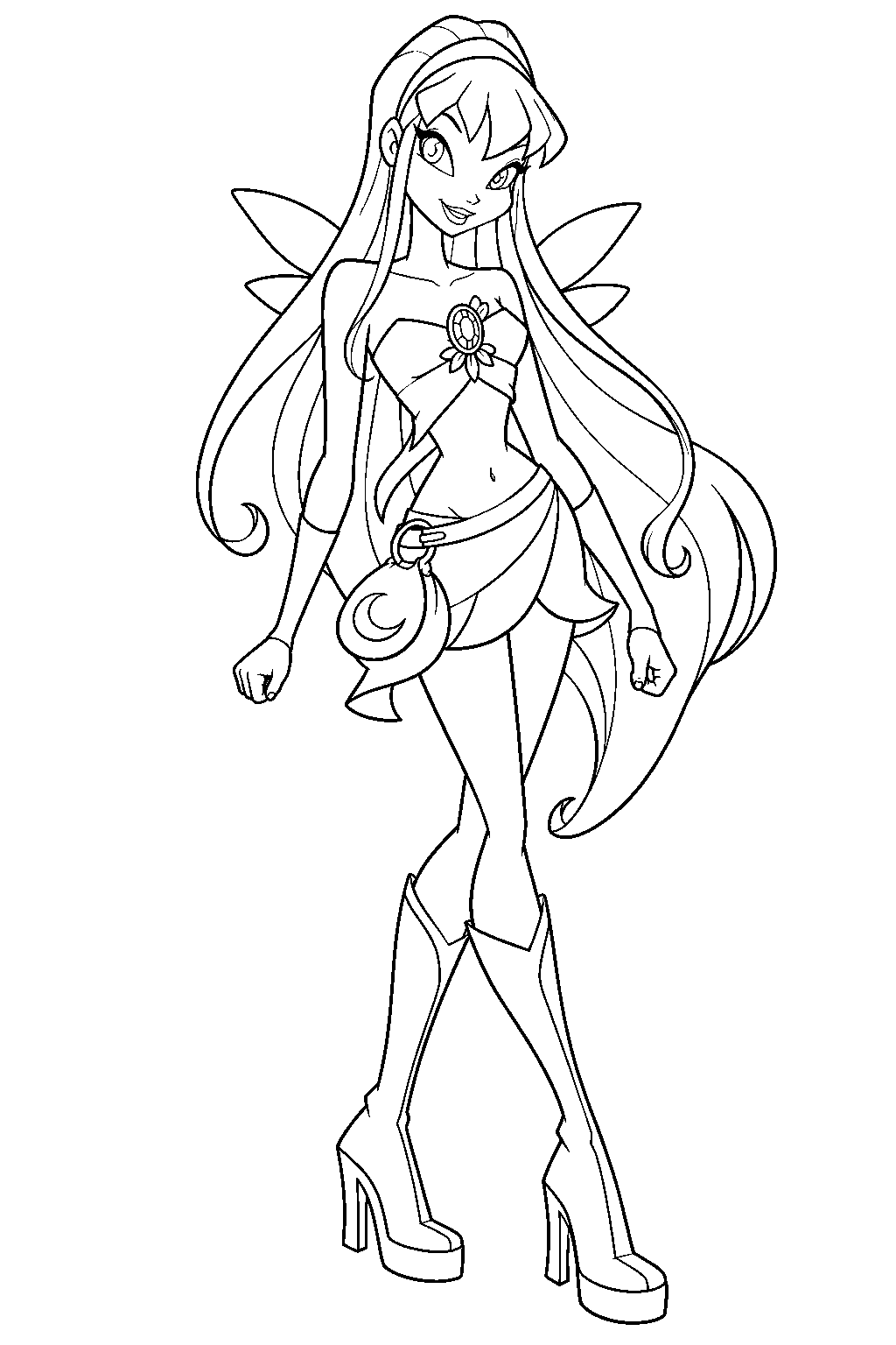 winx club stella in charmix form with her mirror brooch and crescent moon bag line art