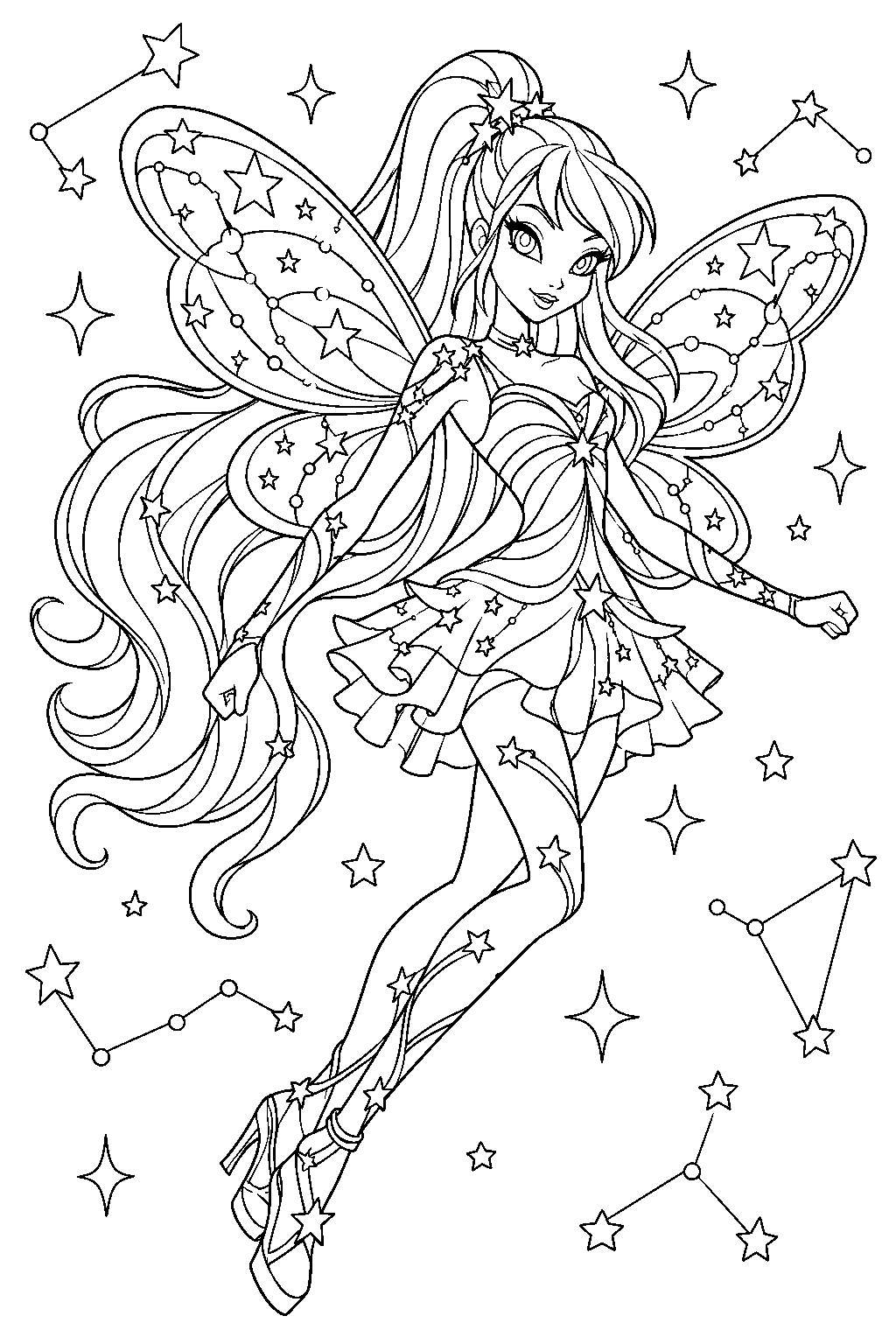 winx club stella in cosmix form flying through a sky filled with stars line art