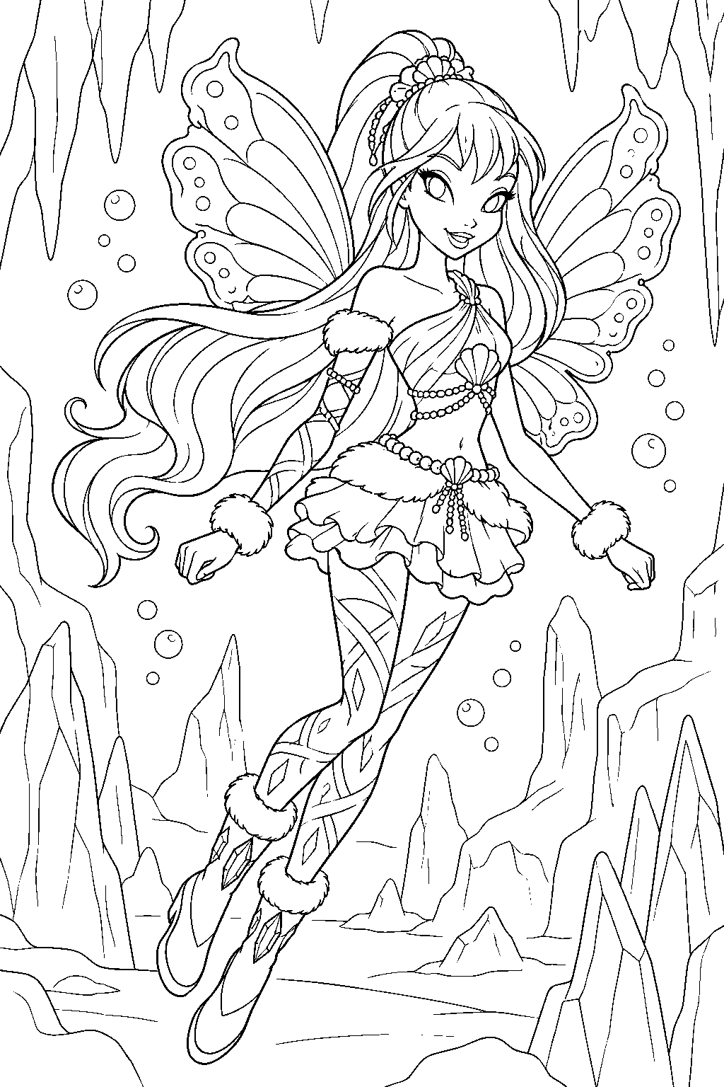 winx club stella in crystal sirenix form exploring an underwater ice cavern line art
