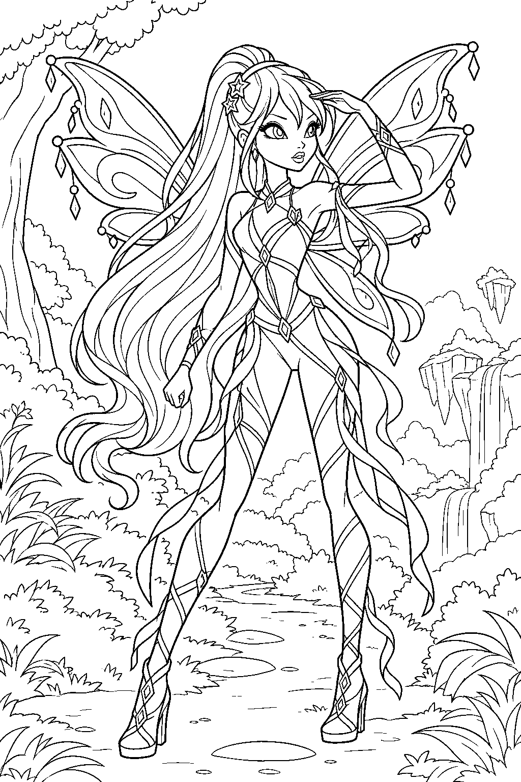 winx club stella in dreamix form searching for the talent thief in neverland line art