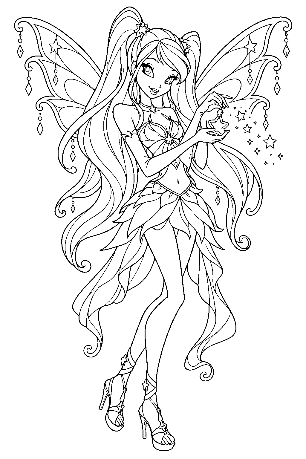 winx club stella in enchantix form sprinkling fairy dust from her star shaped bottle line art