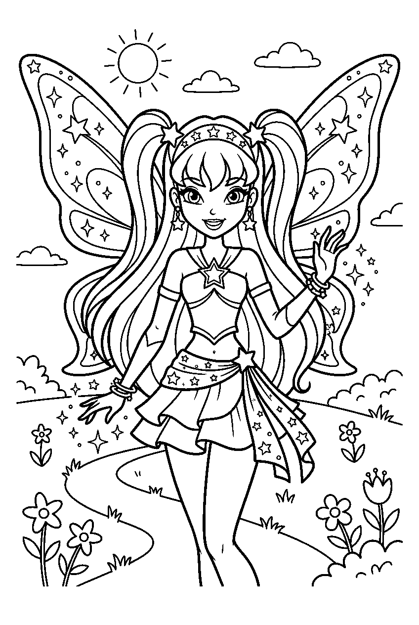 winx club stella in fairy meadow line art