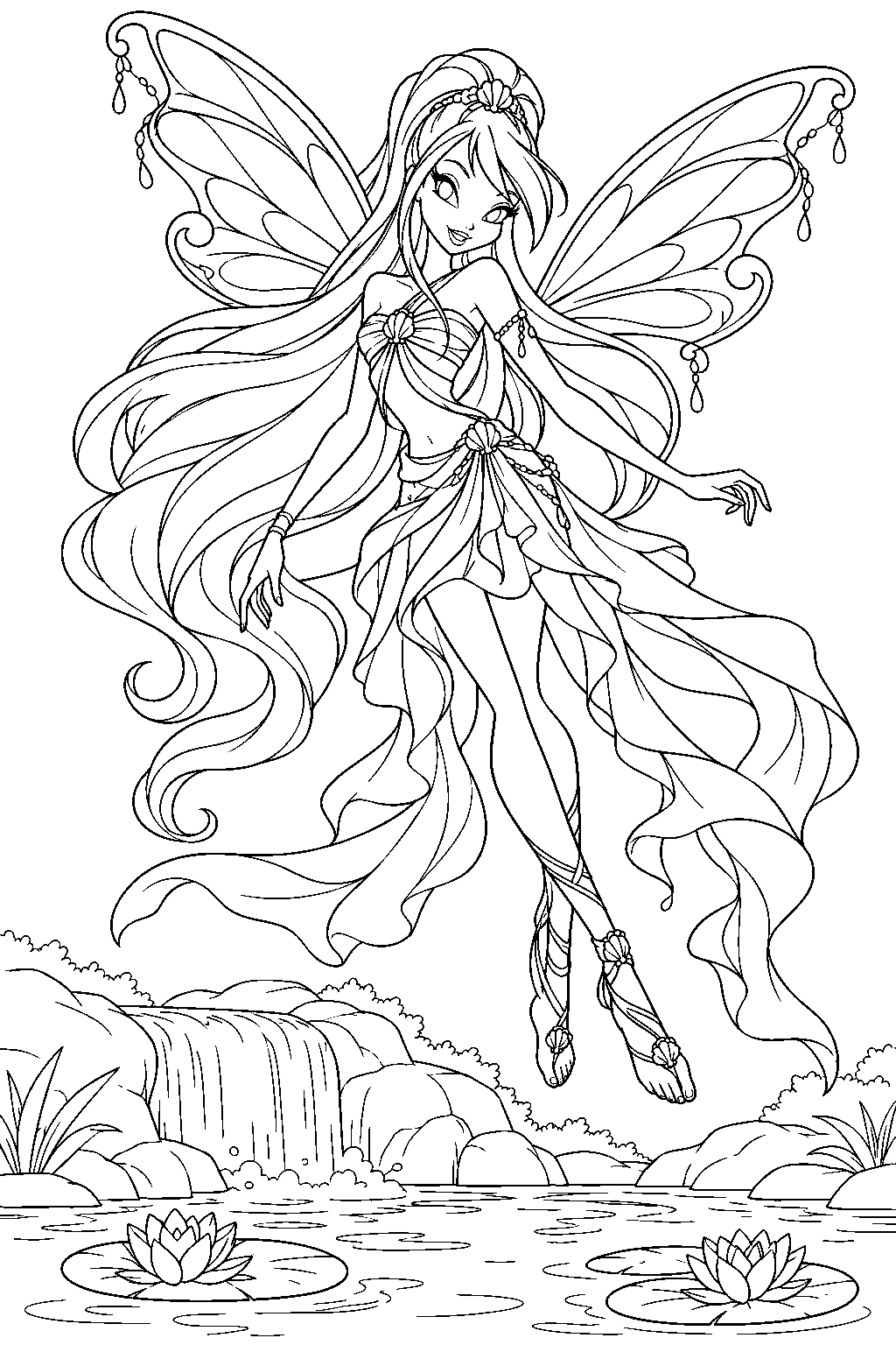 winx club stella in harmonix form gliding above a waterfall and lily covered lake line art