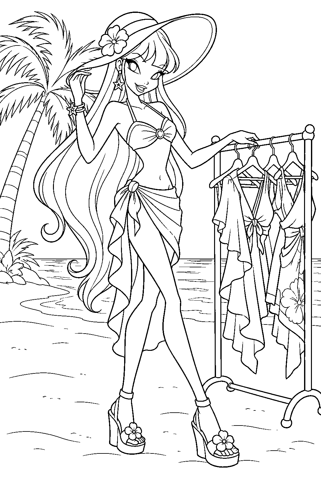 winx club stella in her beach outfit organizing a fashion show in the wildlands line art