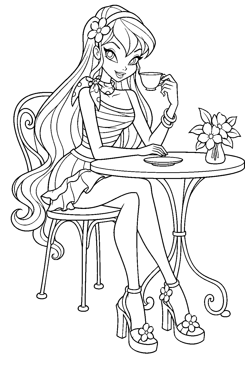 winx club stella in her cafe outfit enjoying a drink at a gardenia outdoor table line art