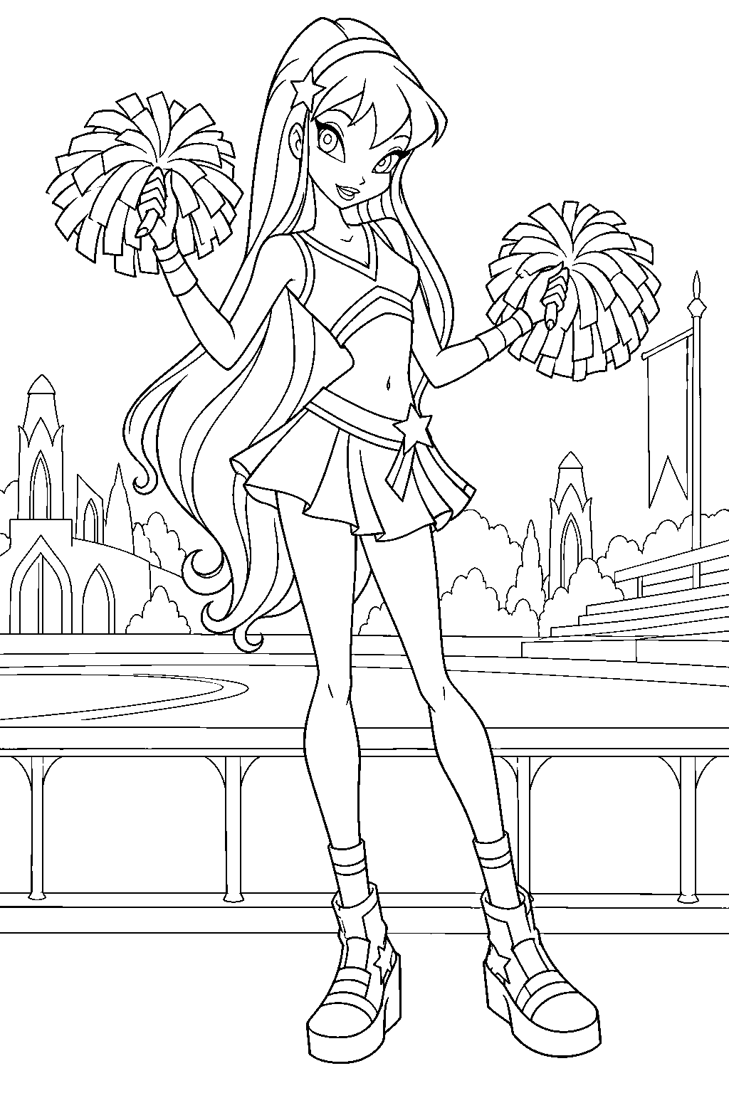 winx club stella in her cheerix outfit holding pom poms beside the alfea sports field line art