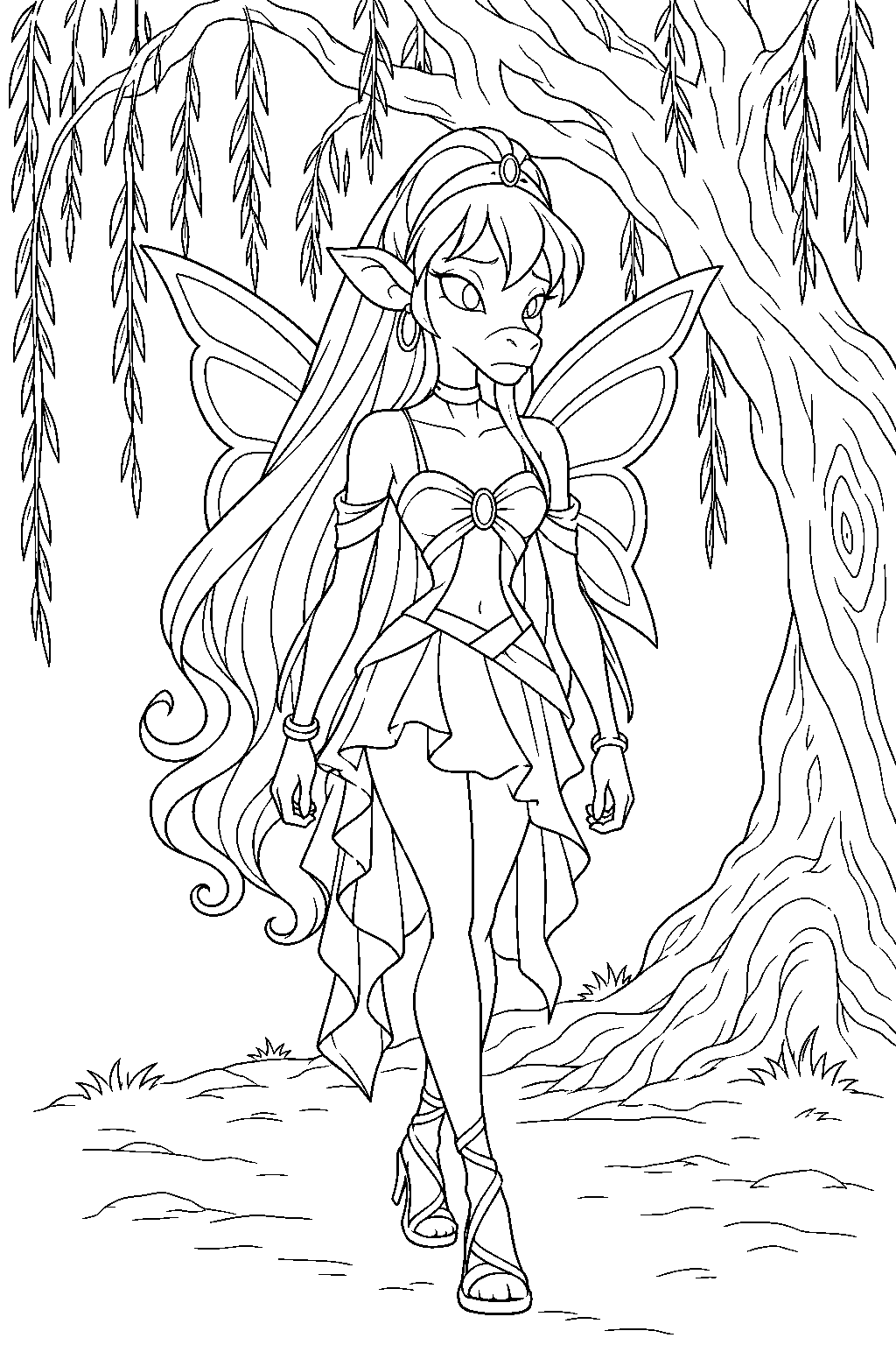 winx club stella in her cursed monster form walking beneath the black willow line art