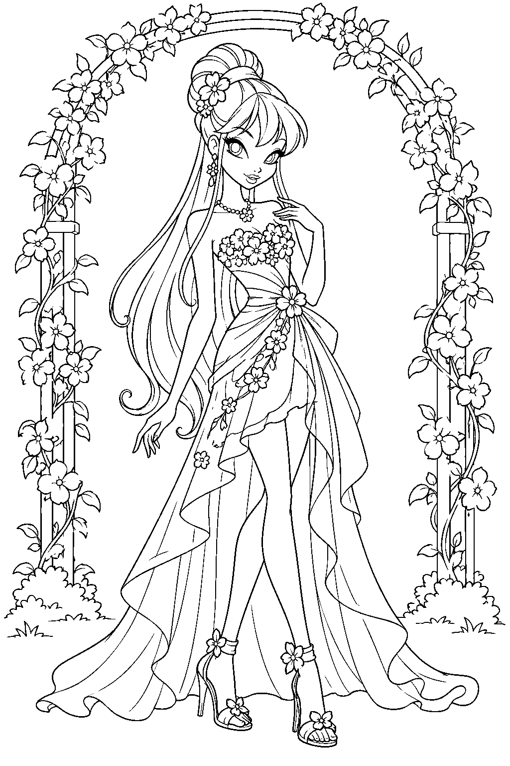 winx club stella in her flower princess dress beneath a blossom covered garden arch line art