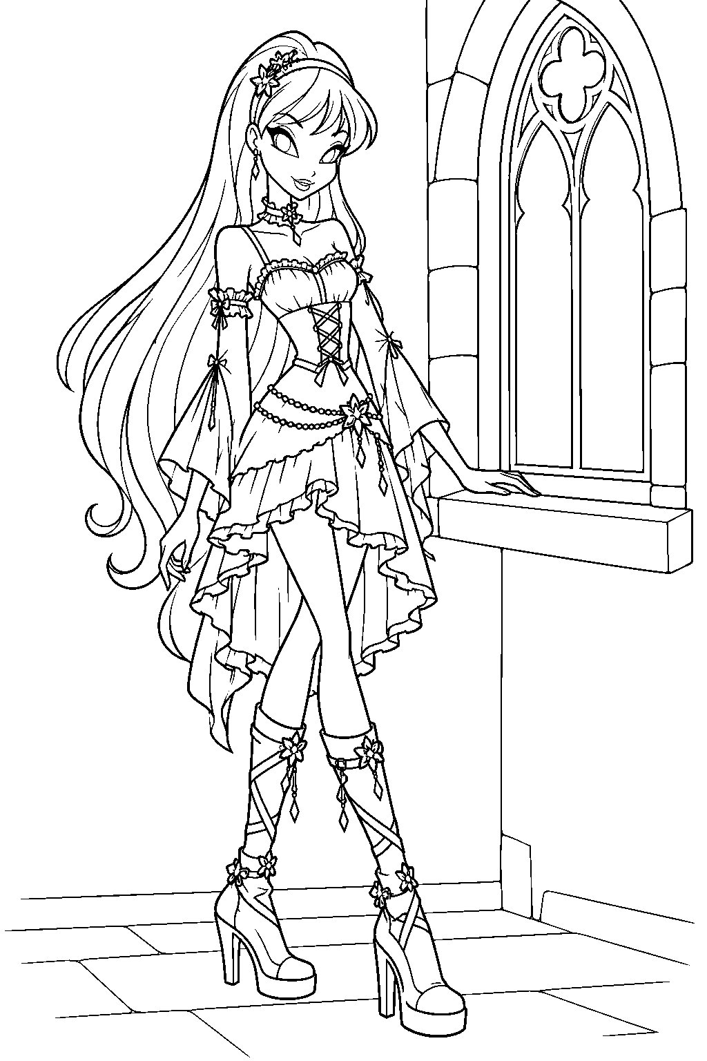 winx club stella in her gothic outfit beside a castle window with pointed arches line art