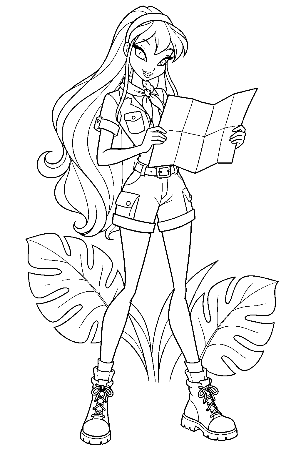 winx club stella in her safari outfit following a jungle trail with a map line art