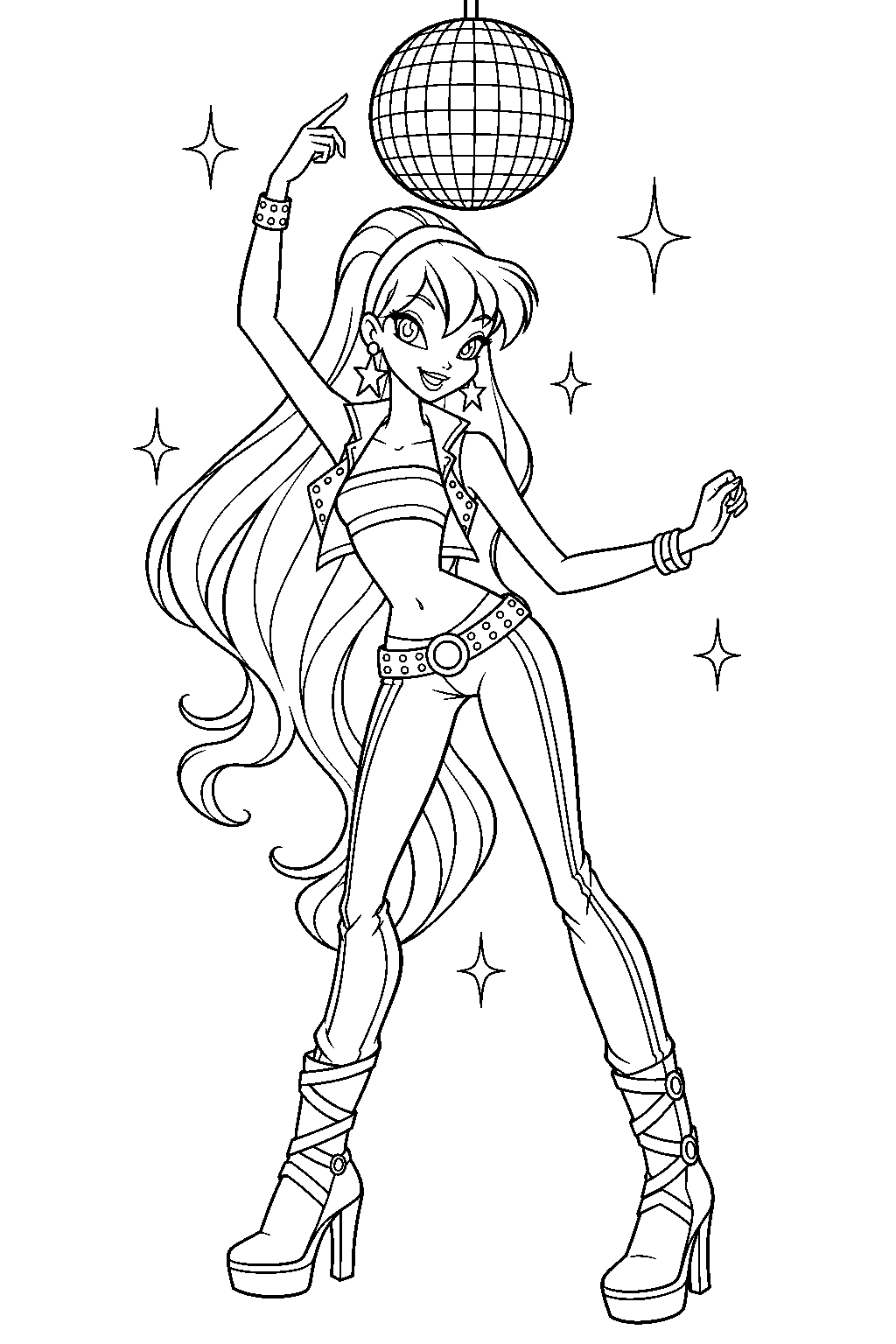 winx club stella in her season 5 disco outfit dancing beneath a mirror ball line art