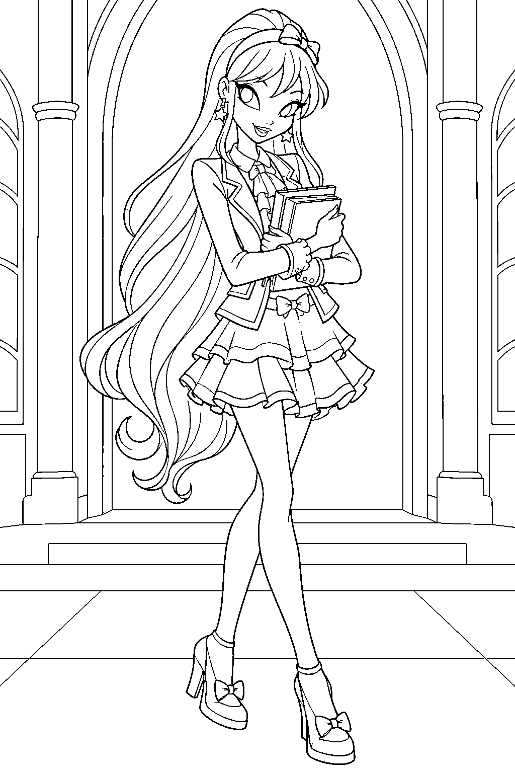winx club stella in her season 6 school outfit carrying books through the alfea entrance line art