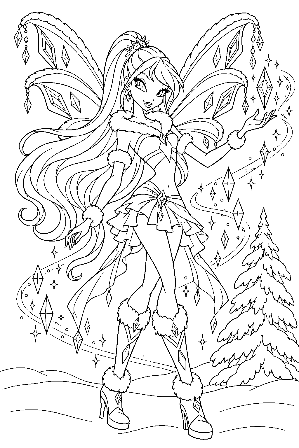winx club stella in lovix form casting crystal light in a snowy forest line art