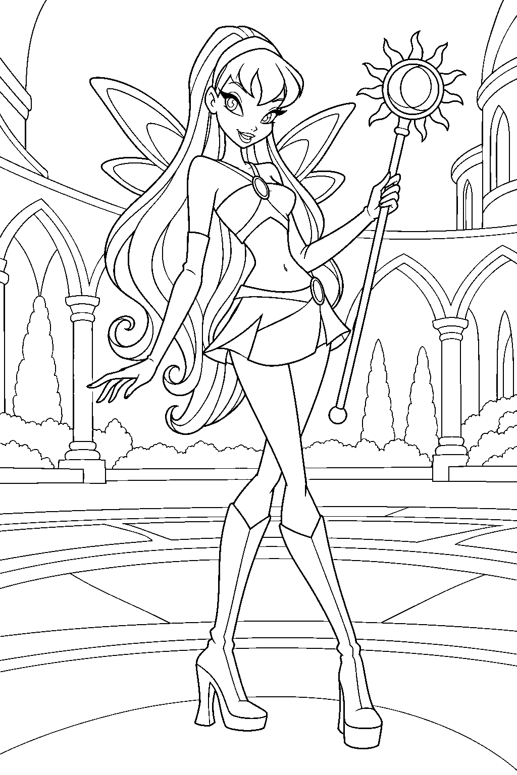 winx club stella in magic winx form holding her sun scepter in the alfea courtyard line art