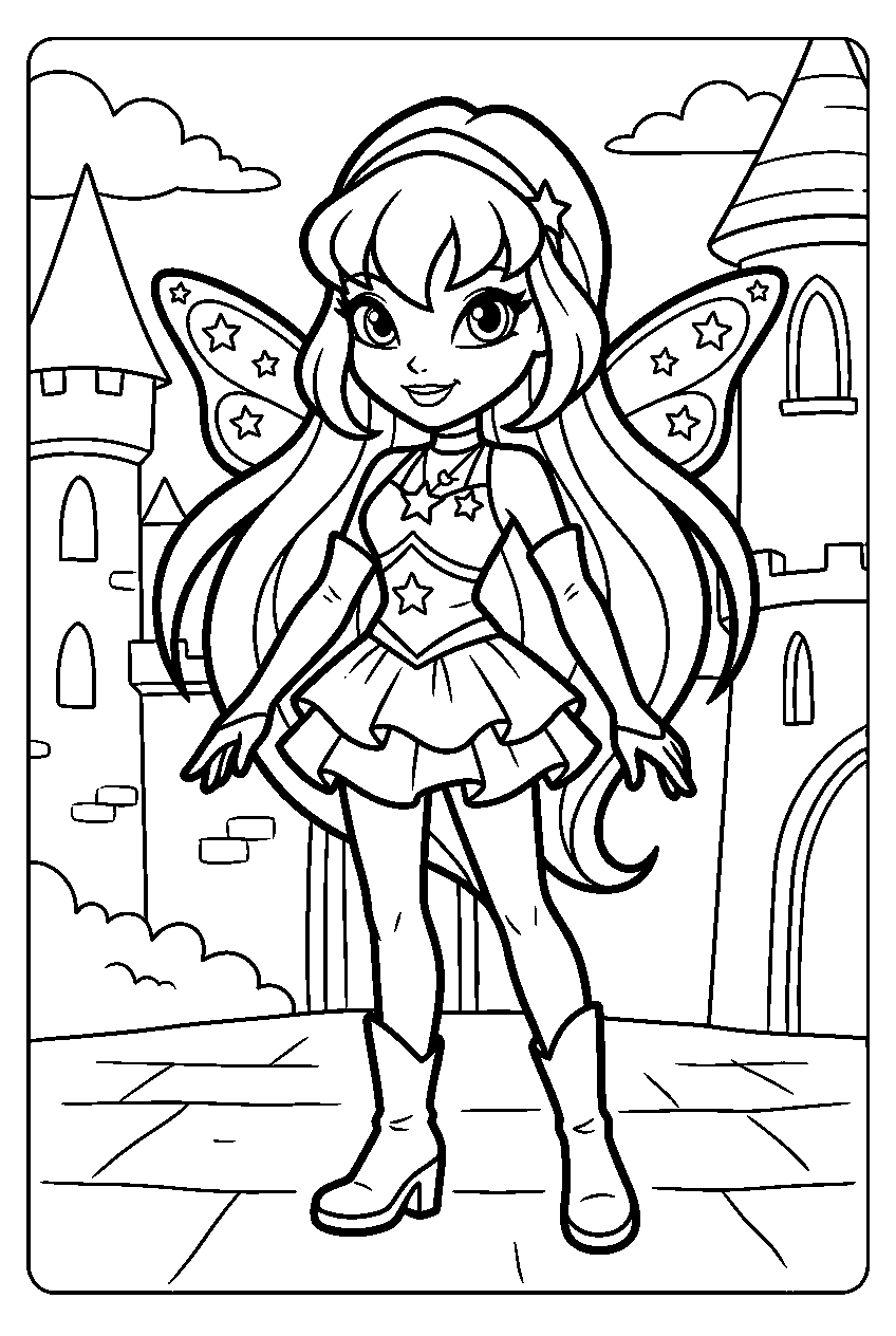 winx club stella in magical castle line art