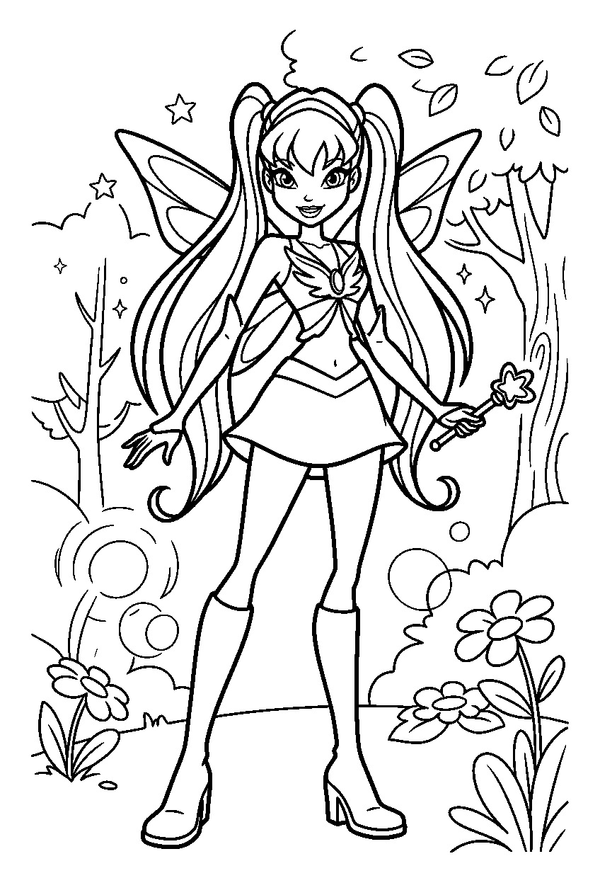 winx club stella in magical forest line art