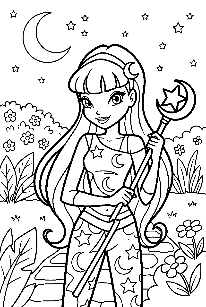 winx club stella in moonlit garden line art