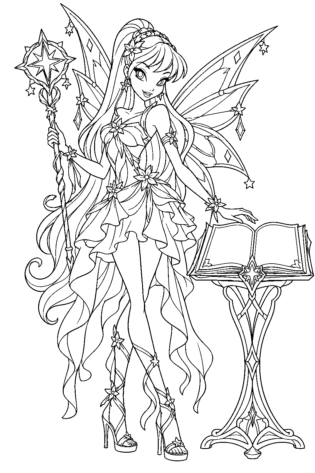 winx club stella in mythix form holding her ancestral star wand beside the legendarium line art