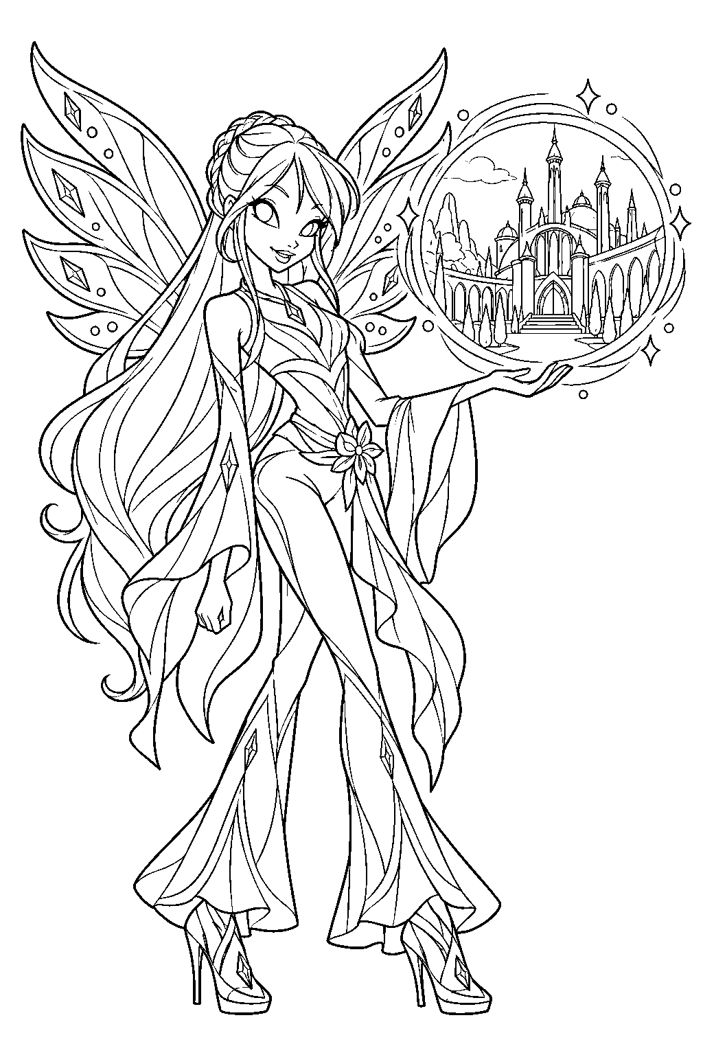 winx club stella in onyrix form revealing a vision of the past with light magic line art