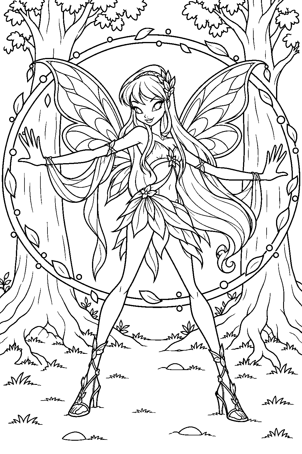 winx club stella in sophix form protecting ancient trees with a circle of light line art