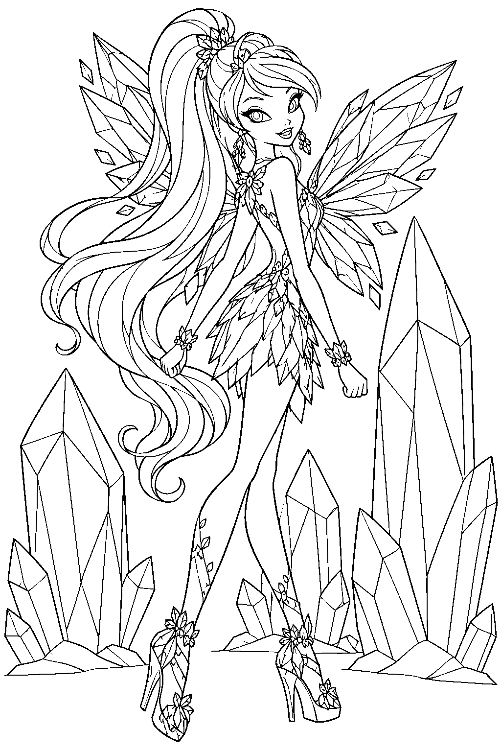 winx club stella in tynix form exploring a miniworld of towering crystals line art