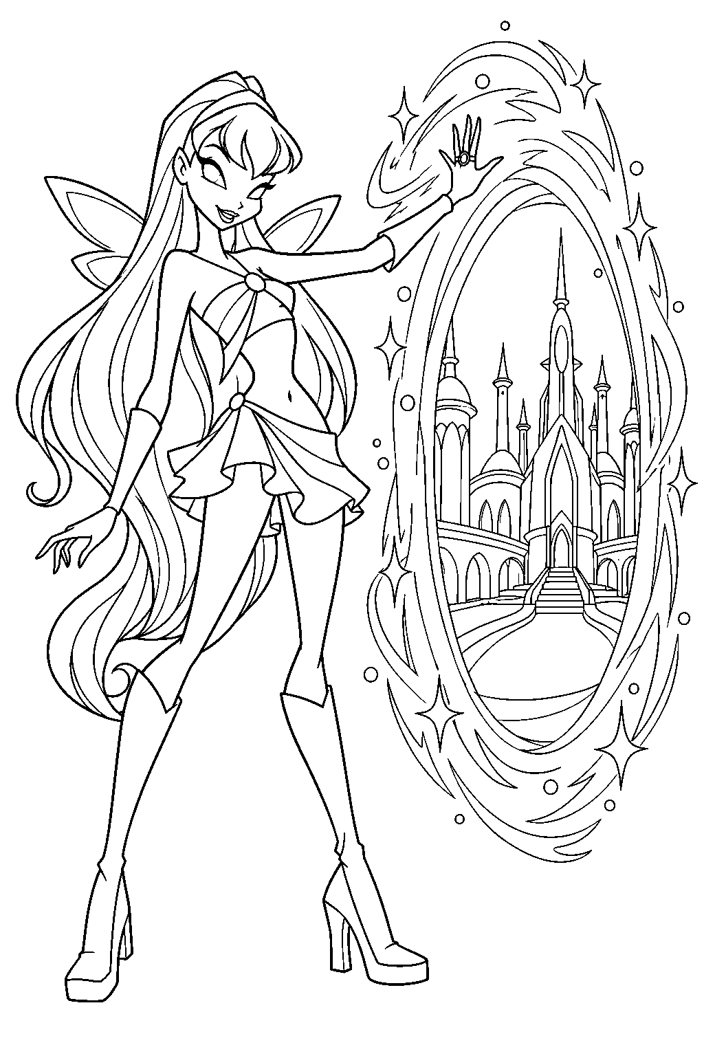 winx club stella opening a teleportation portal with the ring of solaria line art