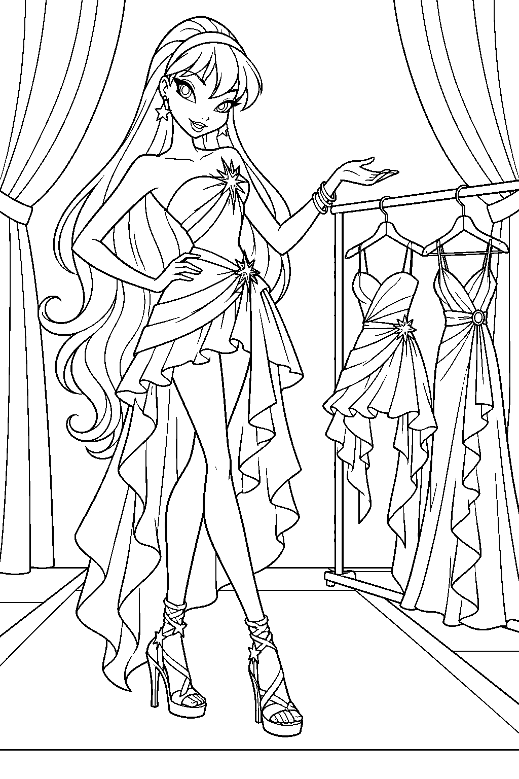winx club stella presenting her clothing collection on an alfea fashion runway line art