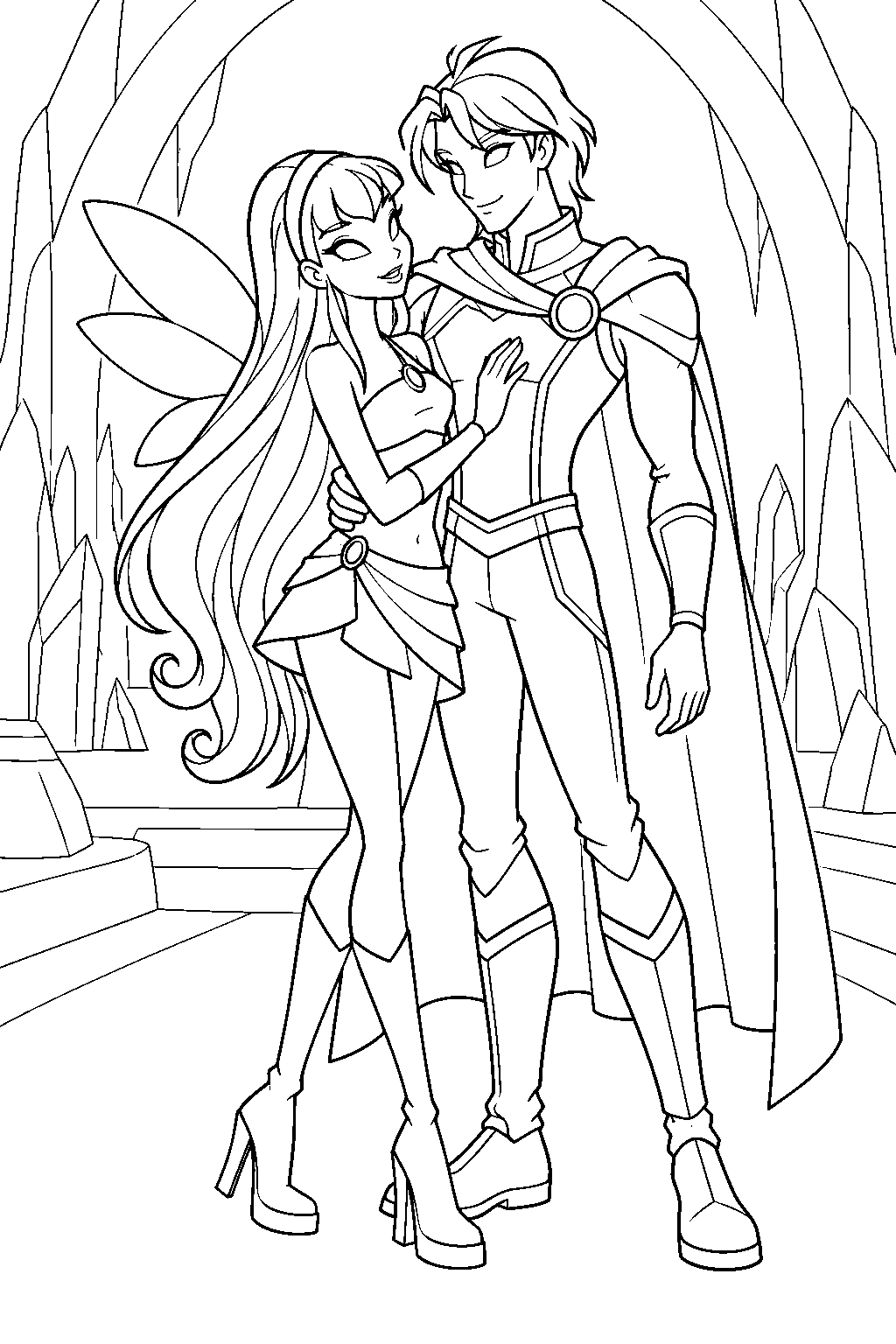 winx club stella reunited with brandon in the underground kingdom of downland line art