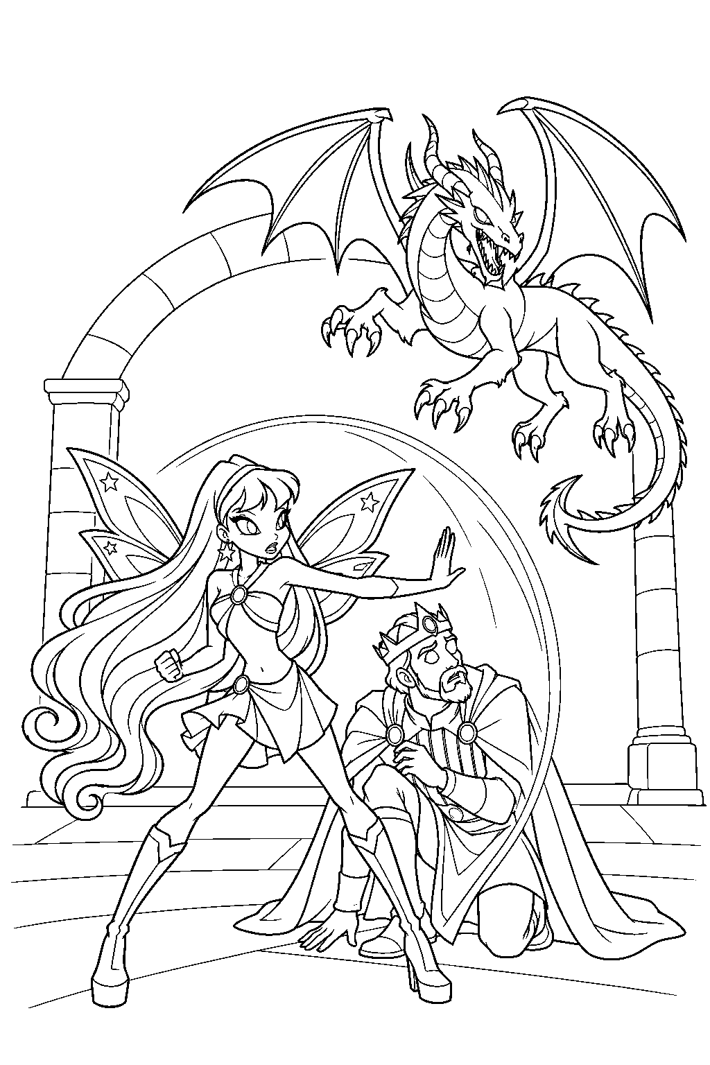 winx club stella shielding king radius from an attacking dragon at the eraklyon celebration line art