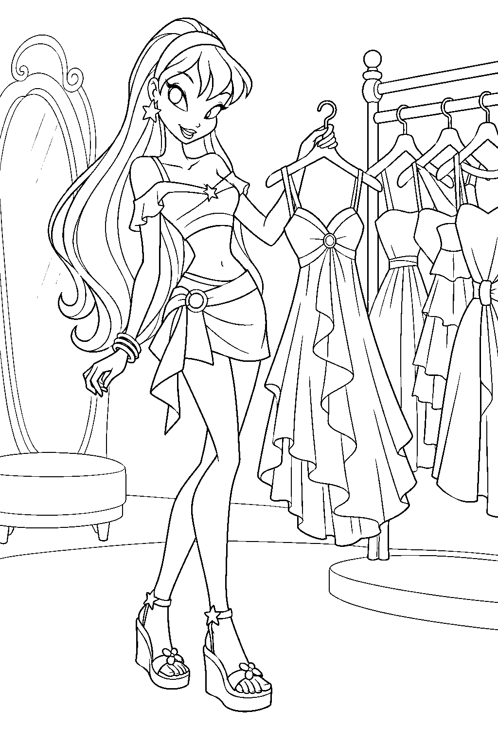 winx club stella shopping for a dress in a gardenia fashion boutique line art