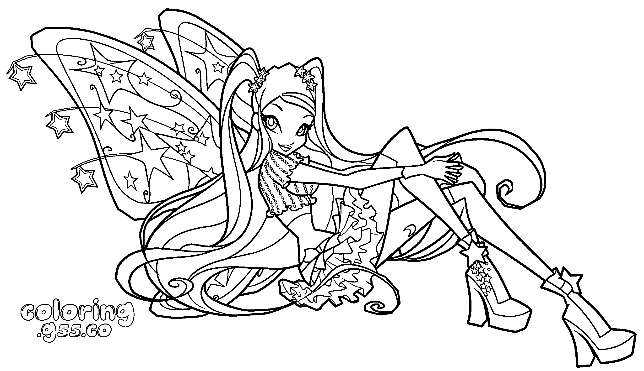 winx club stella sitting believix pose line arts for kids