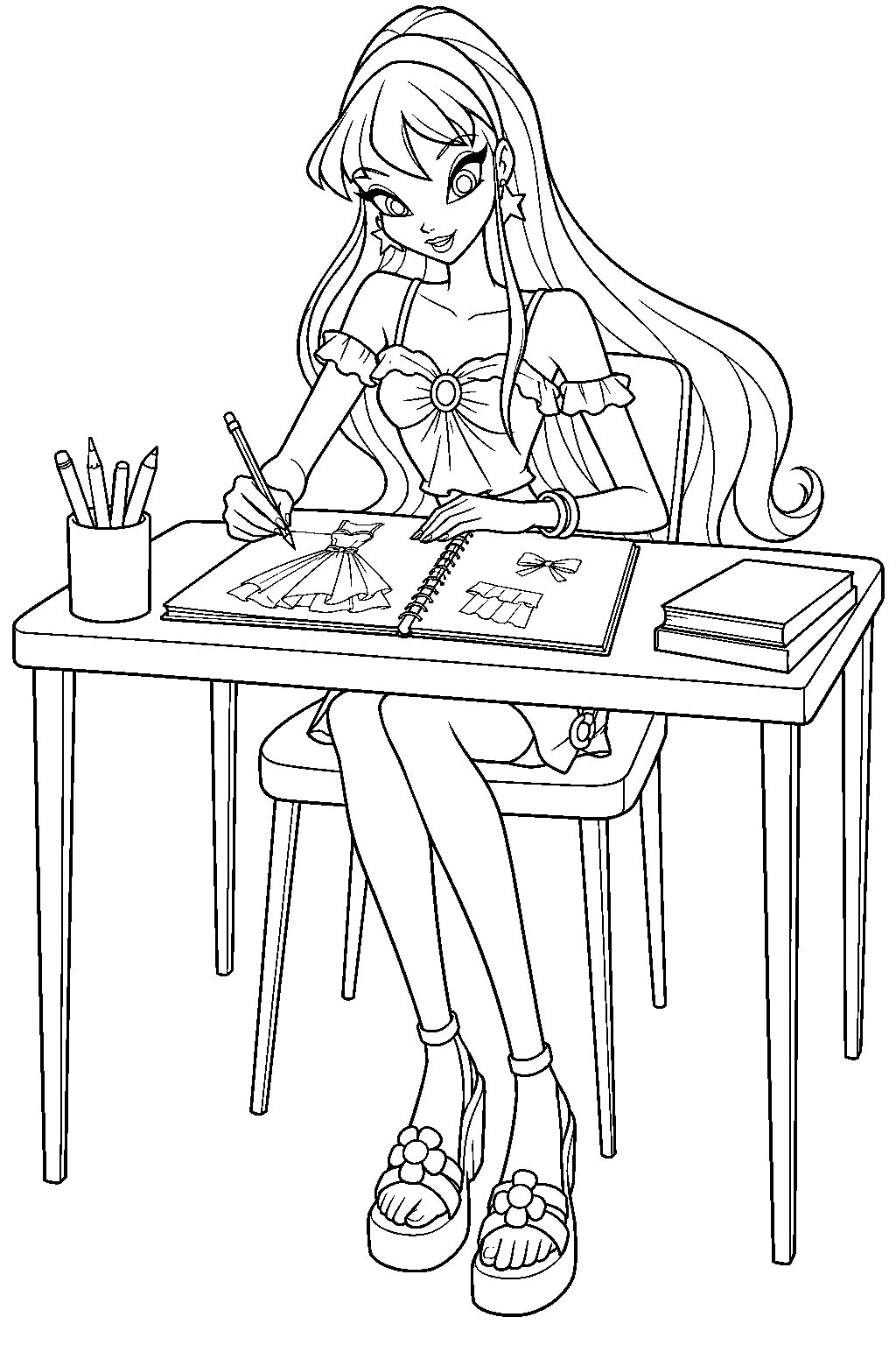 winx club stella sketching a new outfit in her fashion design notebook line art