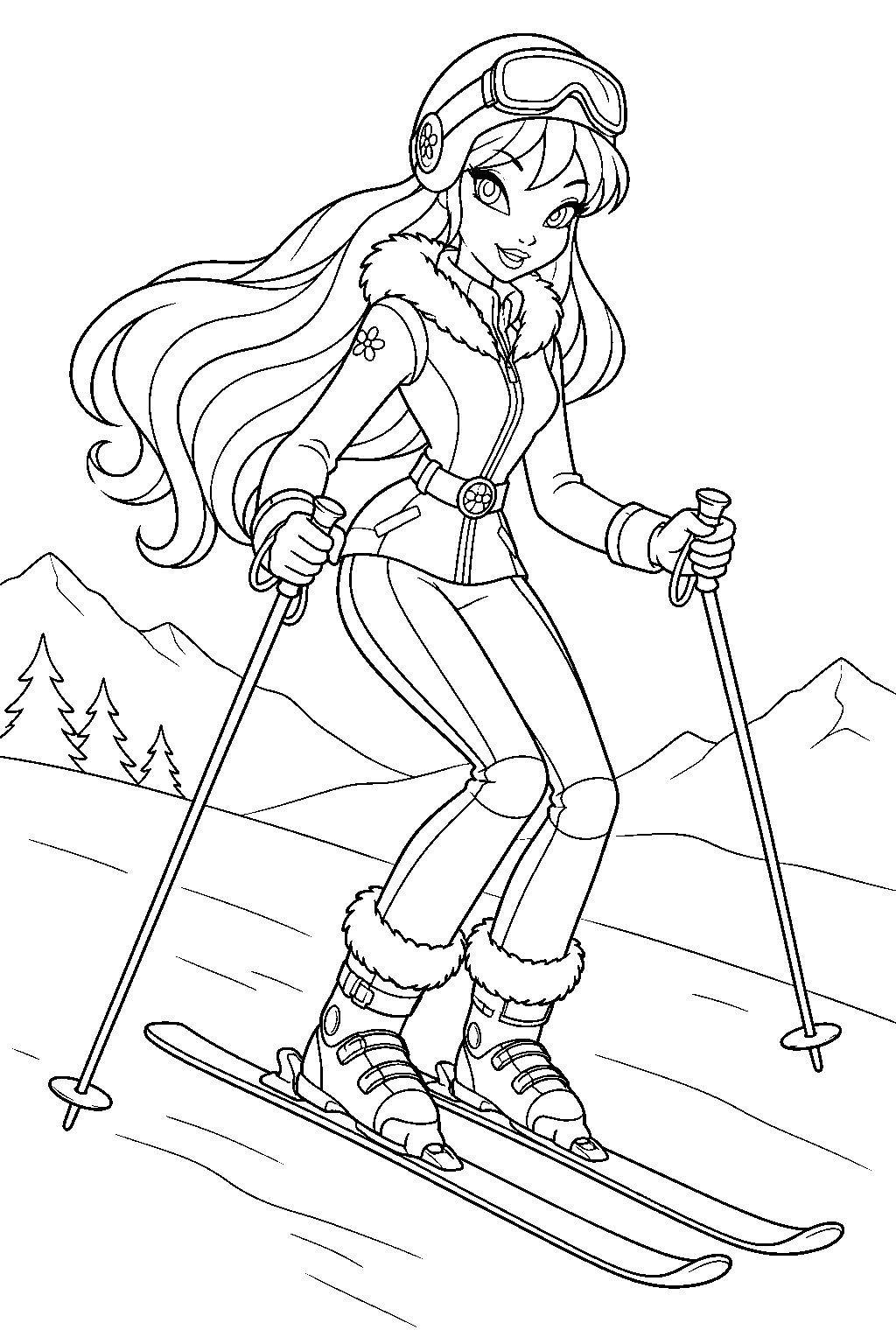 winx club stella skiing down a gentle snowy slope in her winter outfit line art