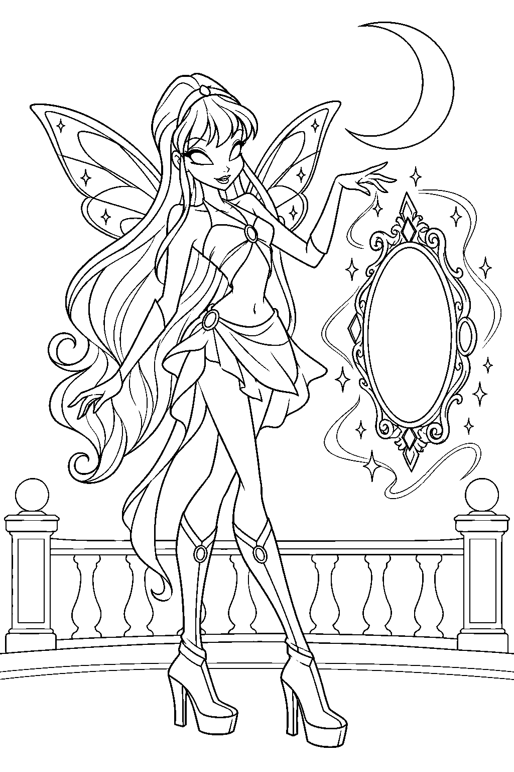 winx club stella summoning a magic mirror beneath a crescent moon line art