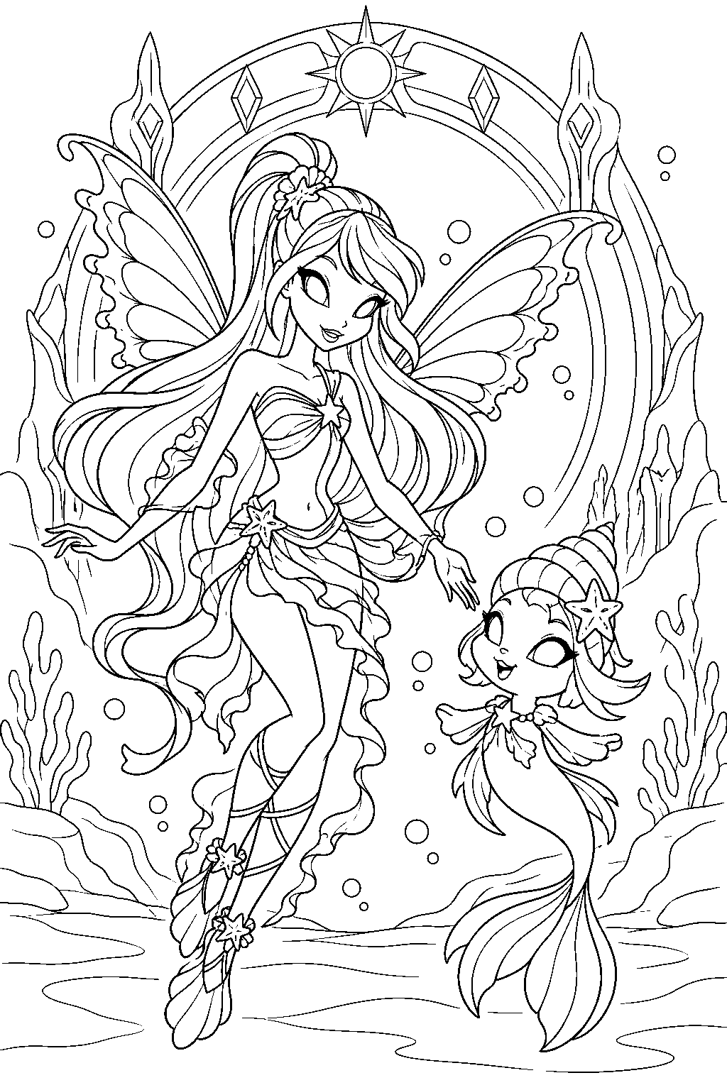 winx club stella swimming beside illiris at the solarian ocean gate line art