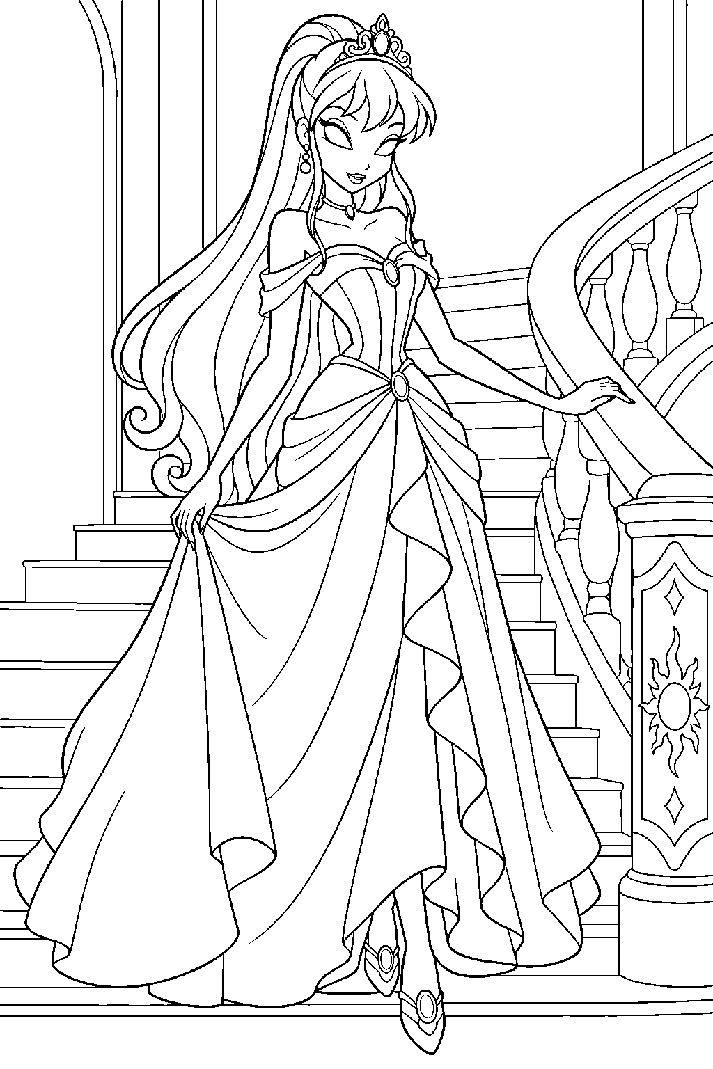 winx club stella wearing her princess ball gown and tiara on the solaria palace staircase line art