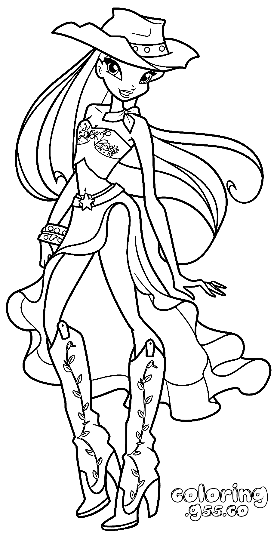 winx stella cowgirl outfit line art for kids