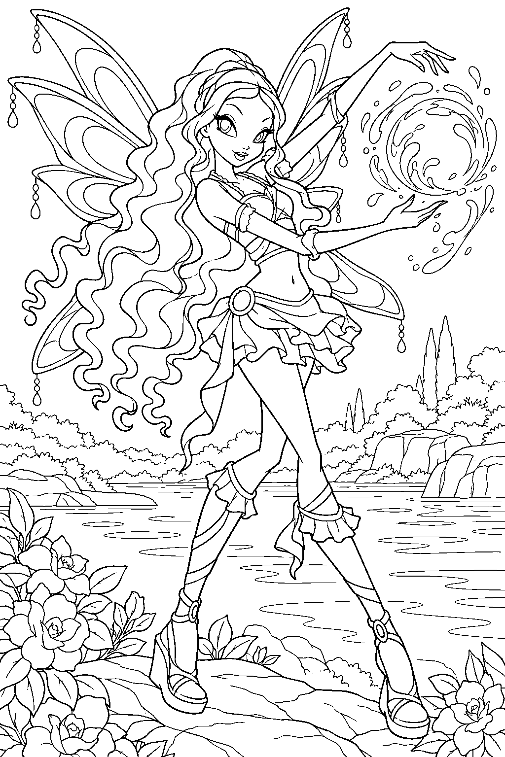 winx club aisha layla in believix creating a morphix sphere above a gardenia riverside line art
