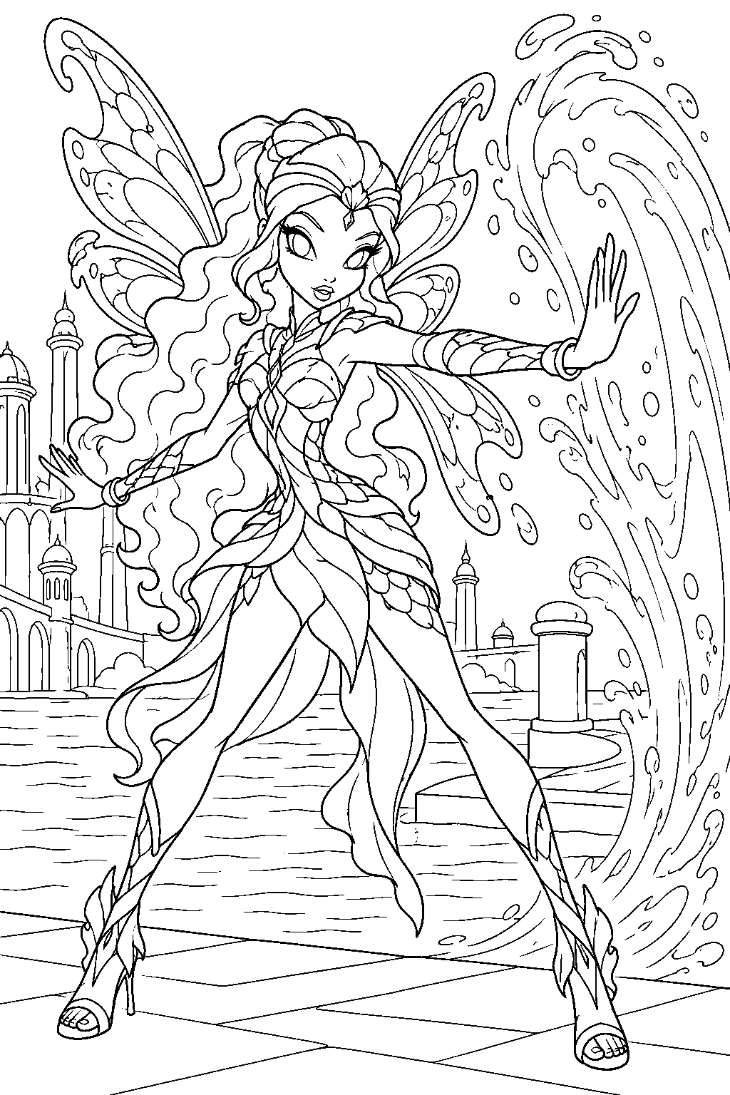 winx club aisha layla in bloomix protecting the andros harbor with a wave shaped shield line art