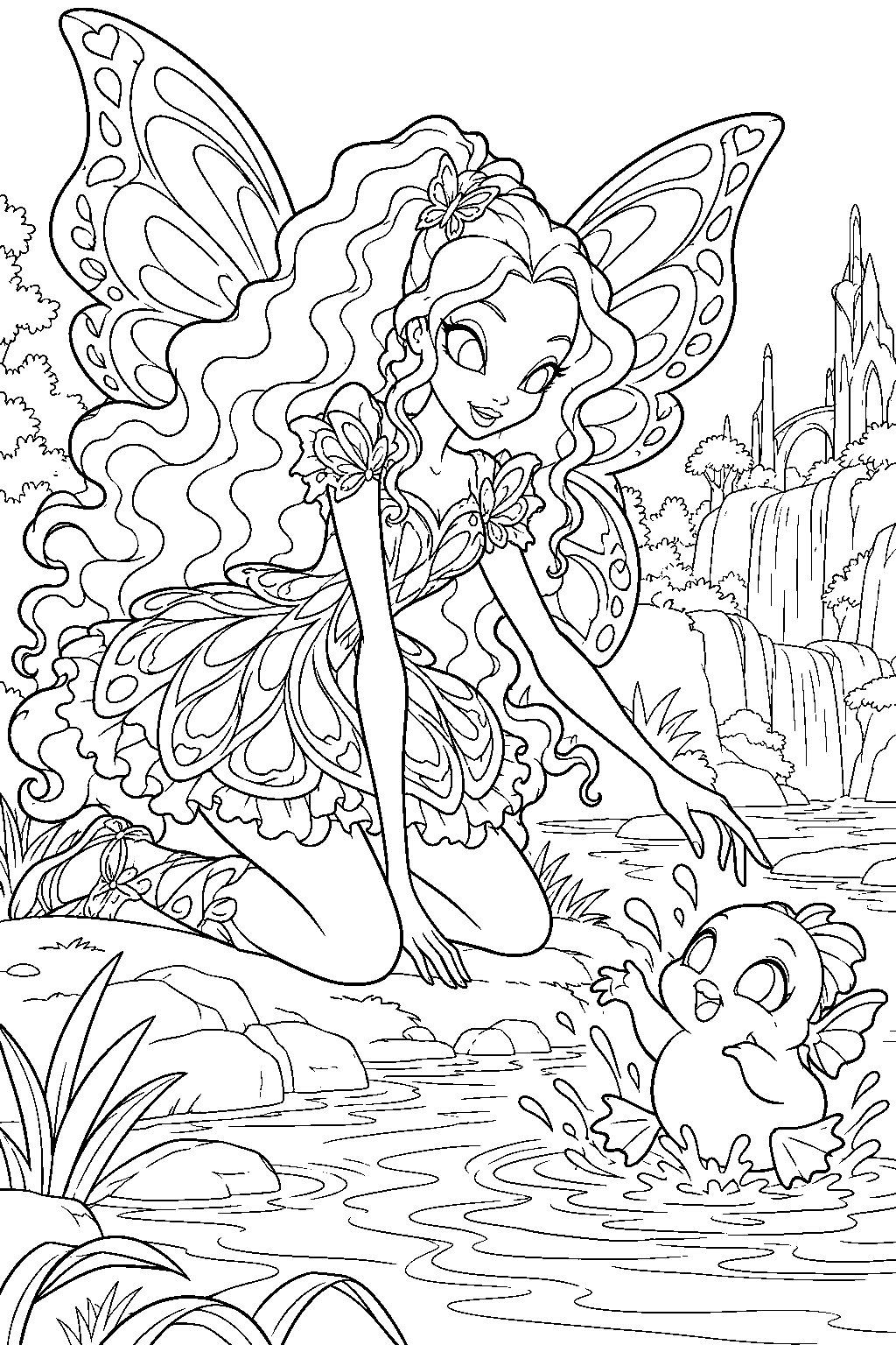 winx club aisha layla in butterflix playing with squonk beside an ancient magix riverbank line art