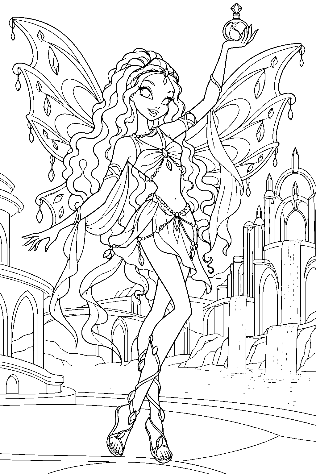winx club aisha layla in enchantix lifting her fairy dust bottle before the andros palace line art