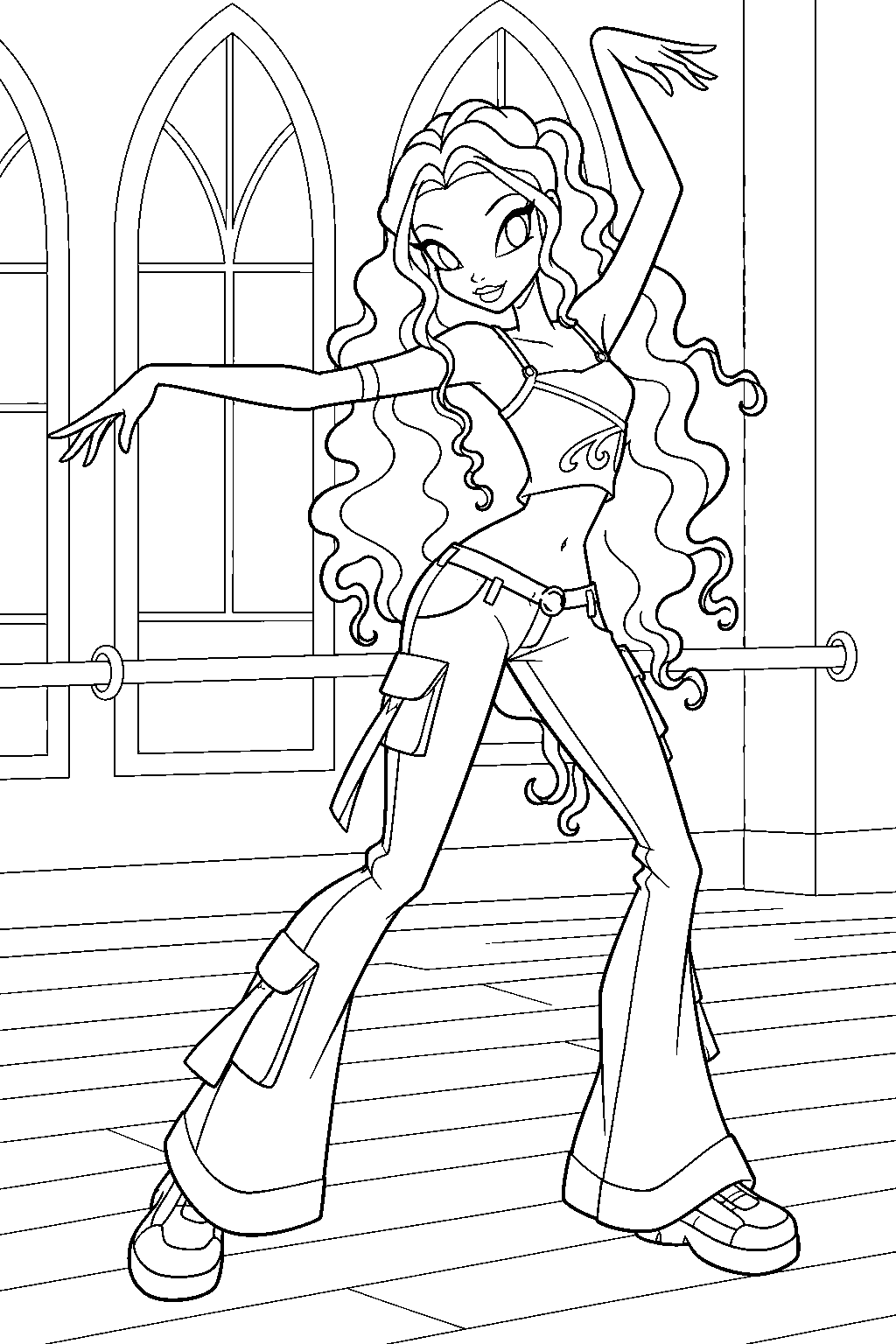 winx club aisha layla in her casual outfit practicing a dance in an alfea studio line art