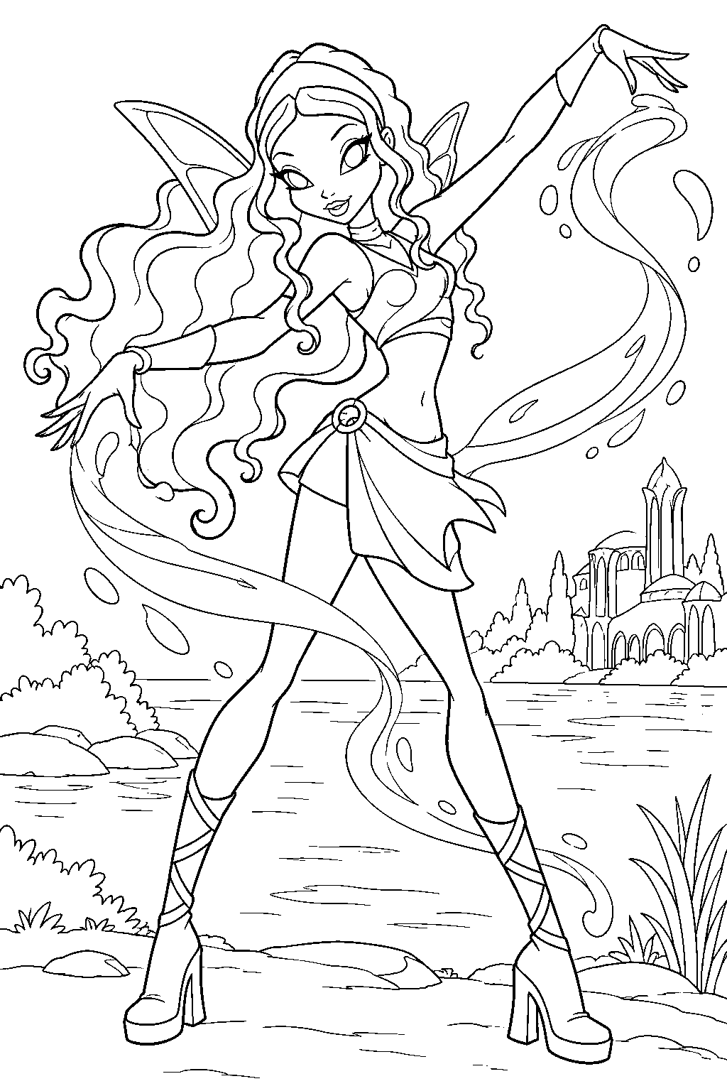 winx club aisha layla in her magic winx fairy form shaping a morphix ribbon beside the alfea lake line art