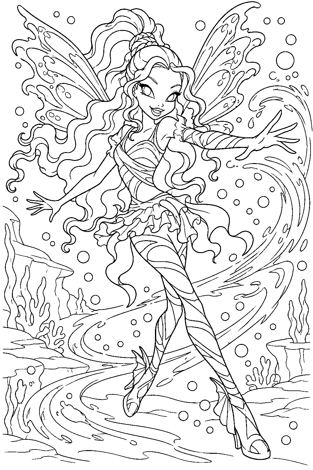 winx club aisha layla in sirenix directing a swirling water current in the infinite ocean line art