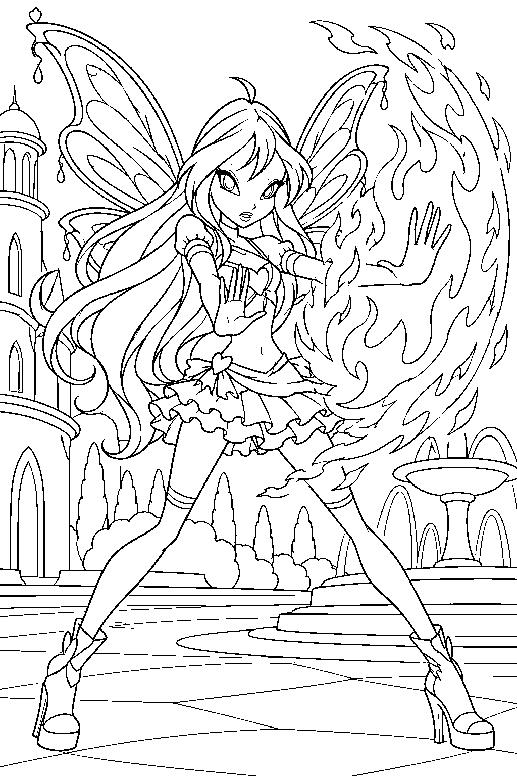 winx club bloom in believix creating a flame shield in the gardenia town square line art